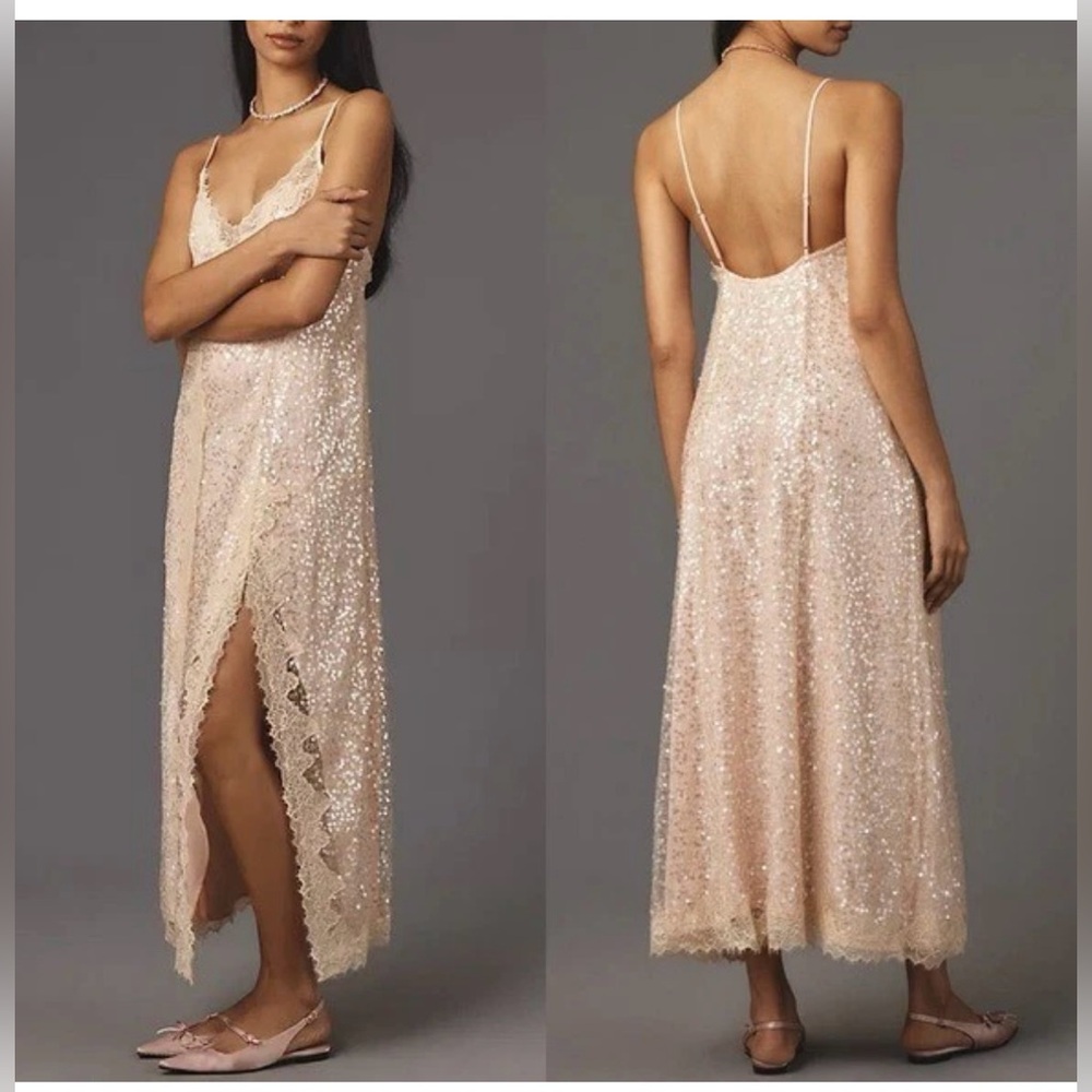 Anthropologie Blush Sequin Lace-Trim Slip Midi Dress NWT